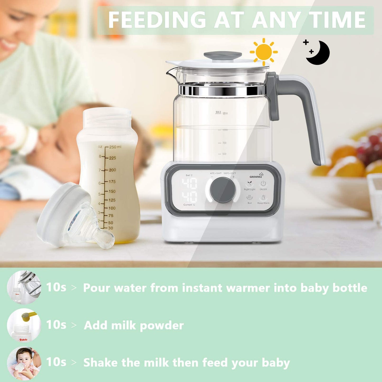 Baby Instant Warmer, Glass Water Boiler with Accurate Temperature Control for Formula, Coffee and Tea, 1.3 Liter Electric Kettle