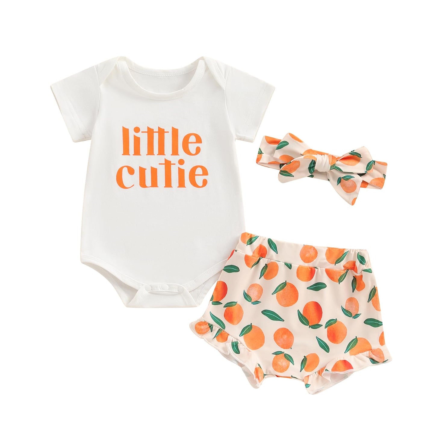 BSaogr Newborn Baby Girl Shorts Set Little Cutie Outfits Strawberry/Orange Short Sleeve Romper Frill Trim Shorts Headband (White