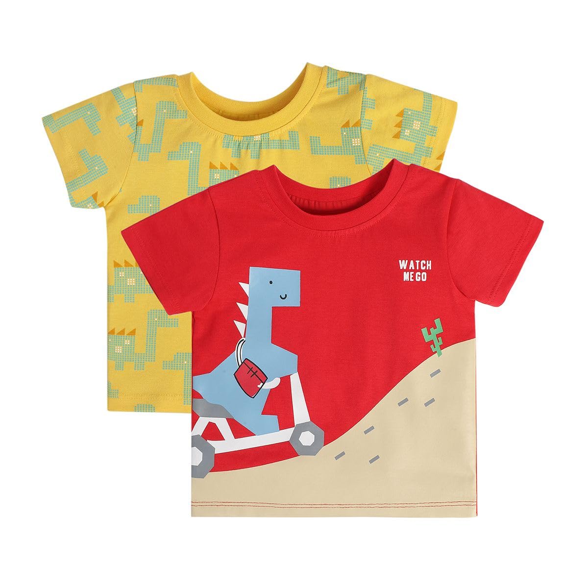 Miniklub Cotton Pack Of 2 Animal & Block Printed Tees  (69M) Red/Yellow