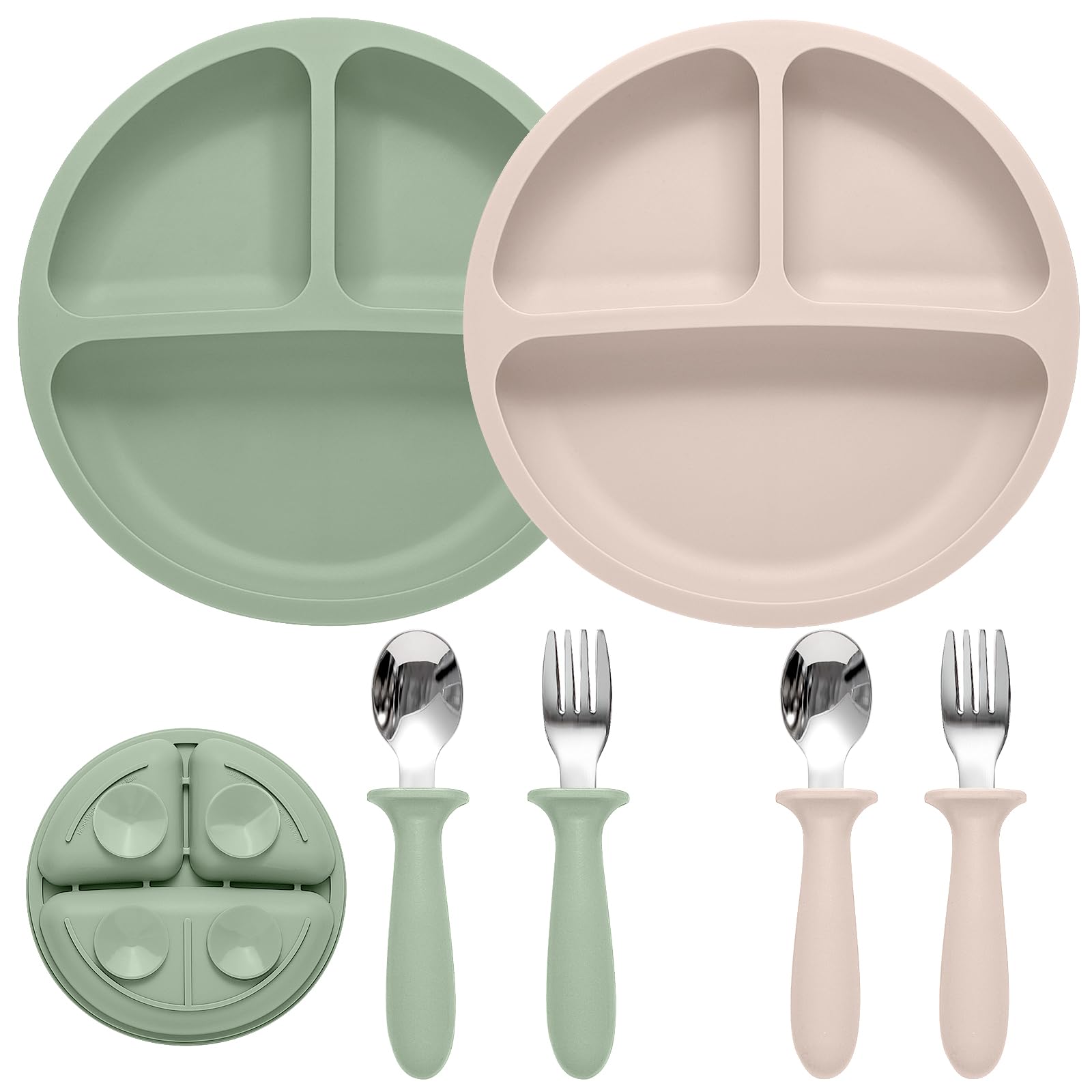 Eascrozn Baby Feeding Set, 2 Pack Silicone Baby Plates with Suction, 2 Pack Spoons and Forks Set for Toddler Utensils, BPA Free,