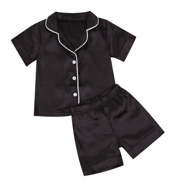Toddler Baby Kids Satin Pajamas Set, Long Sleeve Button-Down Sleepwear Pjs For Girls (3T, P-Black-Short Sleeve)