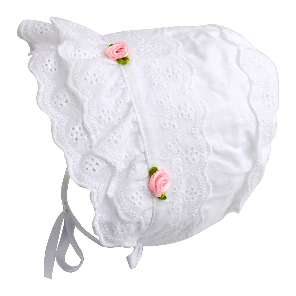 Slowera Cap Baby Girls 100% Cotton Double Brimmed Eyelet Lace Bonnet With Flowers (0-3 Months, White)