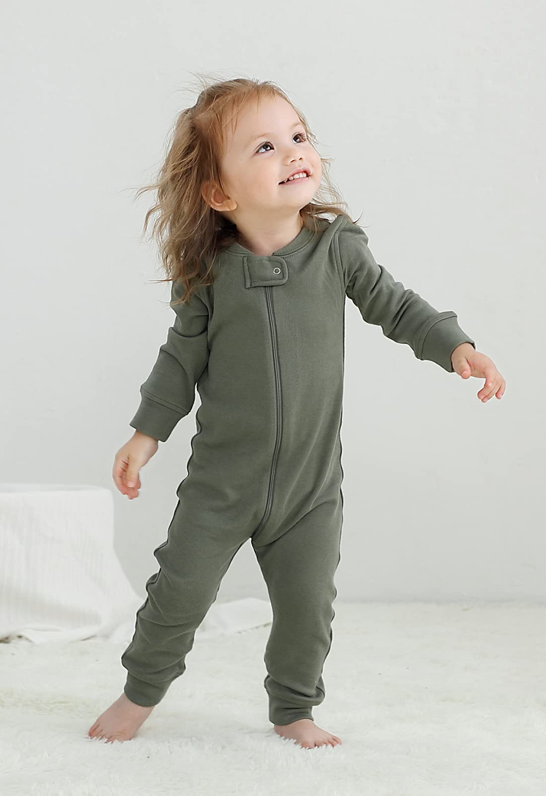 Owlivia Organic Cotton Baby Boy Girl Zip Up Sleep N Play, Footless, Long Sleeve(0-3 Months, Dark Grey Melange & Olive Green)