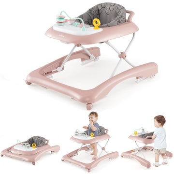 INFANS Foldable Baby Walker, 3 in 1 Toddler Leaning-Seated Walk-Behind with Adjustable Height, Push Handle, Washable Seat Cushio