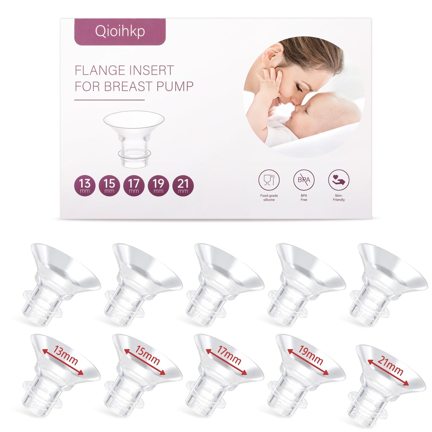 Electric Breast Pump Flange Inserts 13/15/17/19/21 Mm 10Pcs For 24 Mm Shield Flange/Shield Of Most Pumps, Bpa Free Inserts,Hands