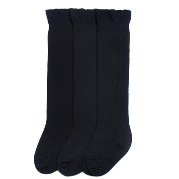 Epeius 3 Pair Pack Baby Girls Boys Seamless Black Uniform Knee High Socks Infants Baby Tube Ruffled Stockings For 1-6 Months