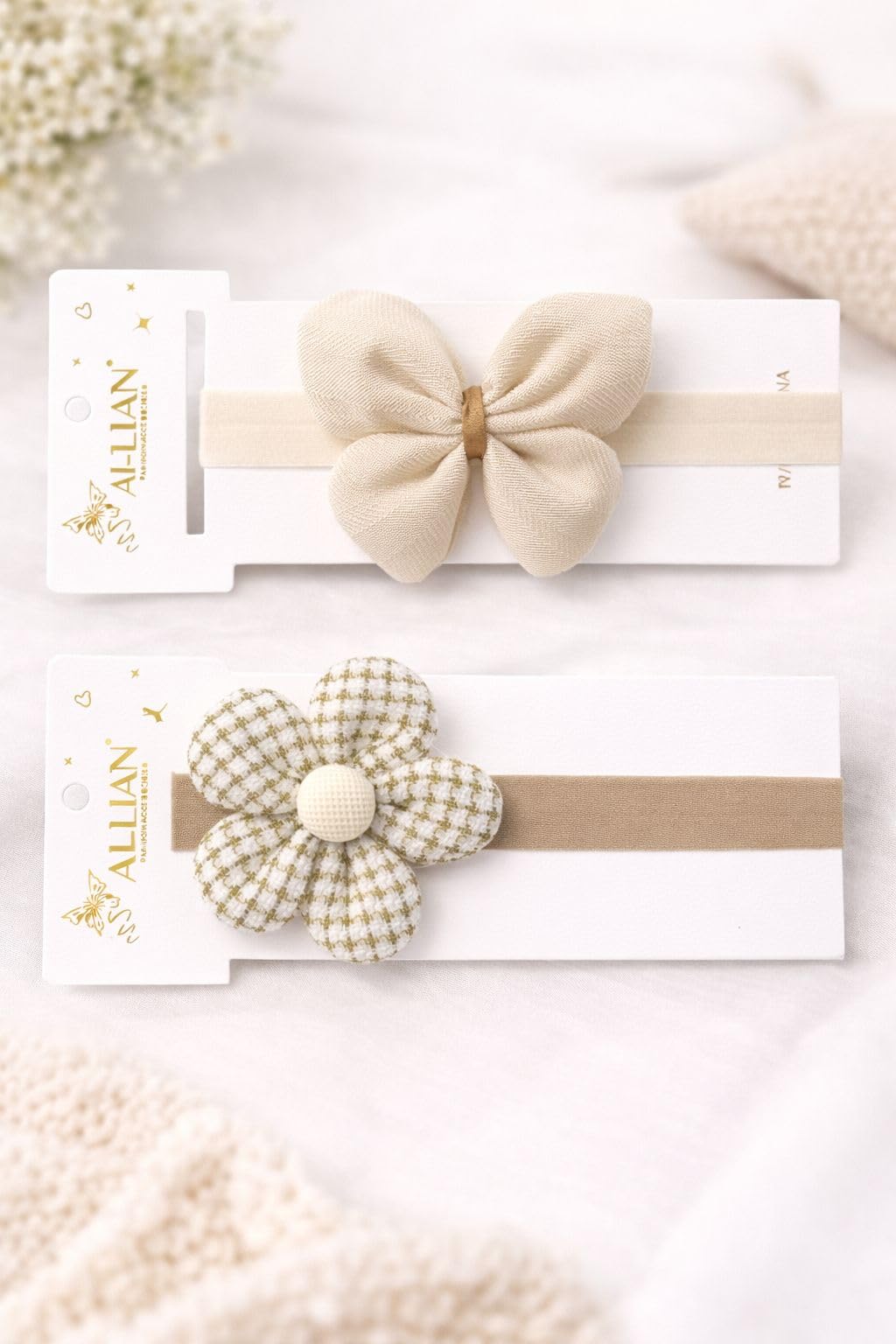 Hair Sarkles Baby Headbands With Bow & Flower Style, Soft Nylon Elastic, Natural Tone Color Newborn To Toddler Girls (Pack Of 2 