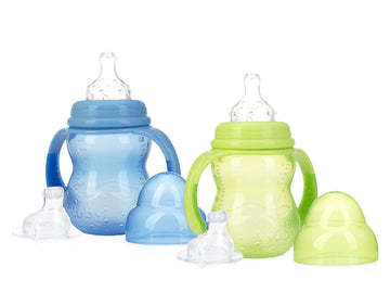 Nuby 3-Stage Wide Neck No Spill Bottle With Handles And Non-Drip Juice Spout, 3 Months, 8 Ounce, 2 Count, (Blue/Green)