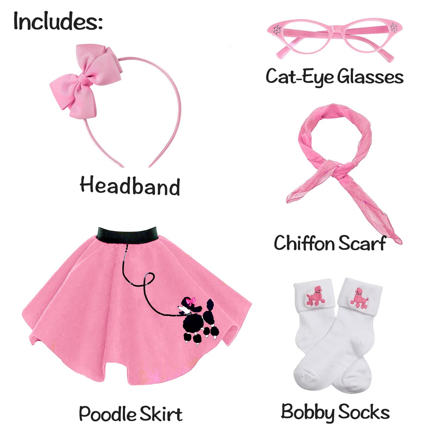 Poodle Skirt 1950S Costume Accessory Set Of 5Pcs For Girls,100 Days Of School Costume For Kids Pink