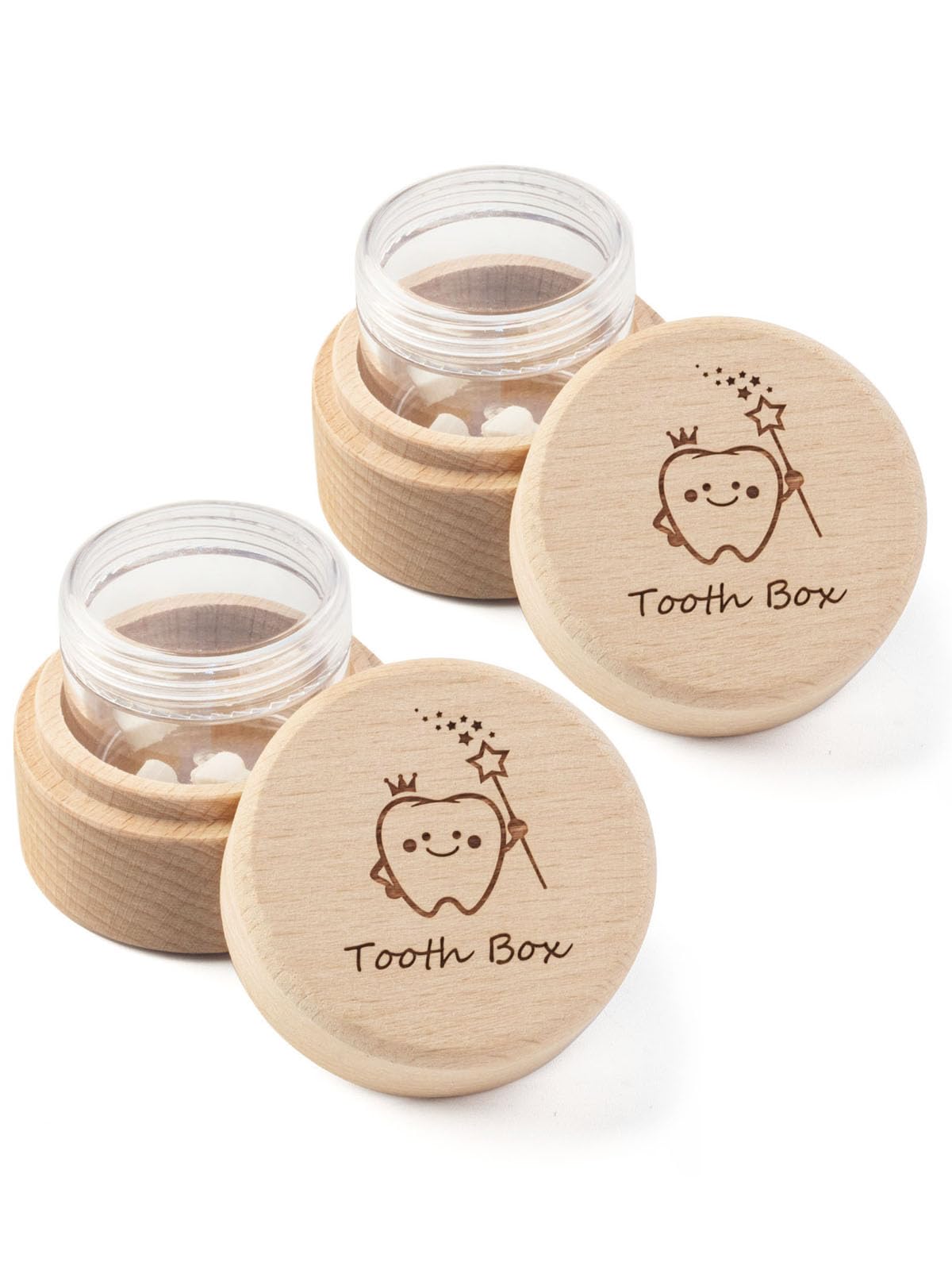iwoohome 2pcs Tooth Fairy Box for Girls and Boys Wooden Cute Tooth Box with Transparent acrylic bottle, Lost Teeth Storage for K