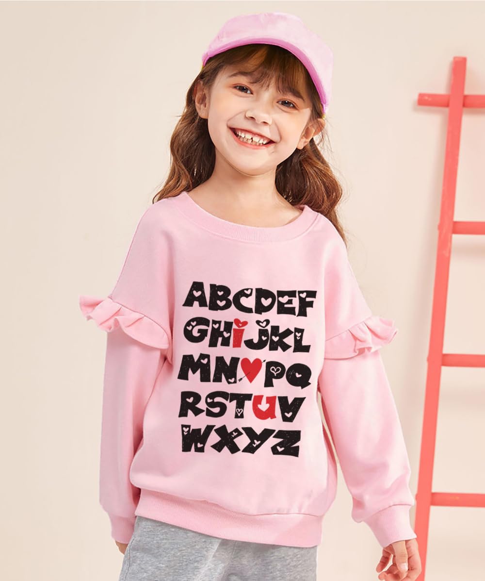 Little Hand Kids Alphabet Sweatshirts Abc I Love You Print Tops Valentine'S Day Shirt Toddler Girls Heart Ruffle Sleeve Shirts 7