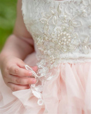 2Bunnies Girl Beaded Peony Lace Back A-Line Tiered Tutu Tulle Flower Girl Dress (Pink Sleeveless Short, 7-8Yrs)
