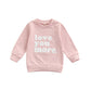 Beqeuewll Baby Girl Valentines Day Outfit Love You More Letter Crewneck Sweatshirt Baby Long Sleeve Sweater Tops Spring Clothes