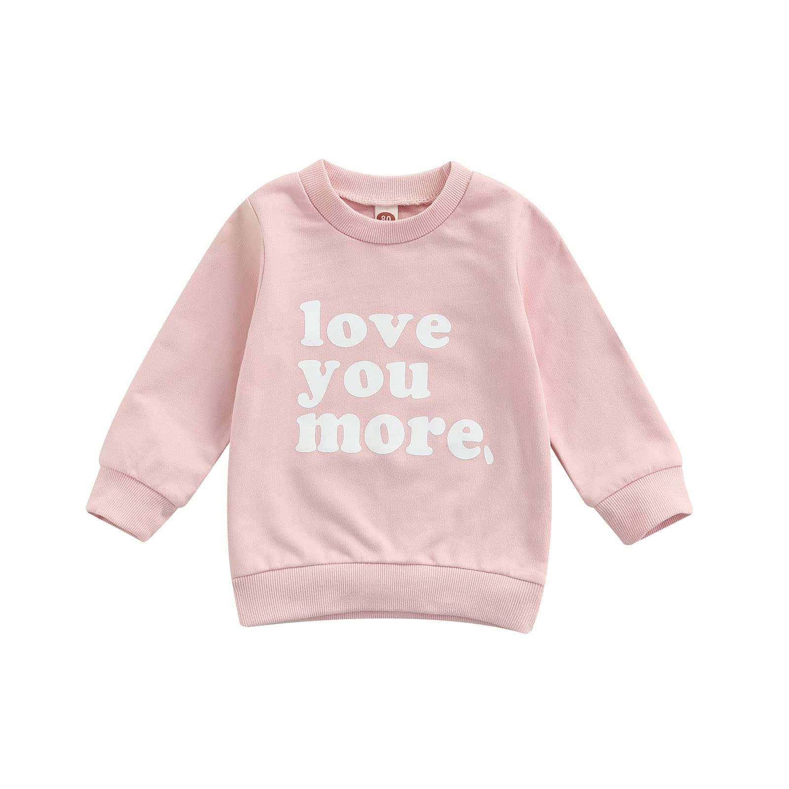 Beqeuewll Baby Girl Valentines Day Outfit Love You More Letter Crewneck Sweatshirt Baby Long Sleeve Sweater Tops Spring Clothes