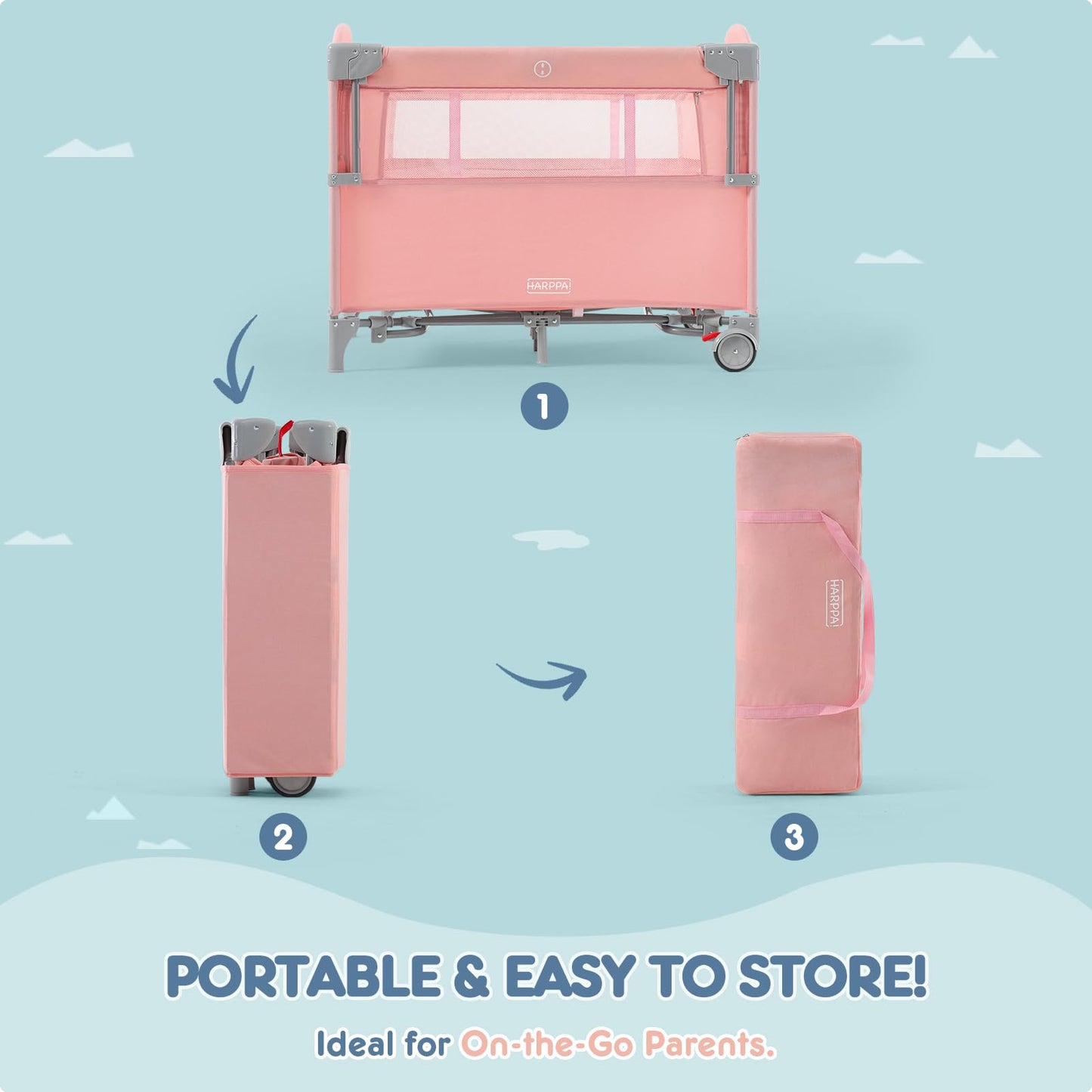 Harppa Pack And Play 5 In 1, Portable Baby Playard For Travel, Baby Bassinet Bedside Sleeper With Mattress, Rolling Bassinet For