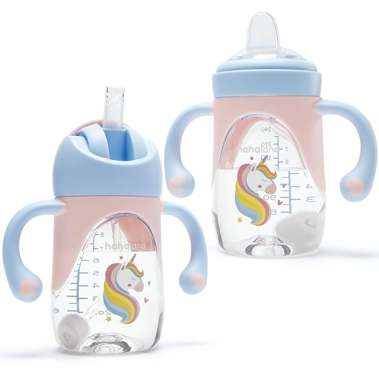 hahaland Sippy Cups for Baby 6-12 Months - 2 in 1 Spout & Straw Unicorns Sippy Cups for Toddlers 1-3 No Spill Transition Weighte