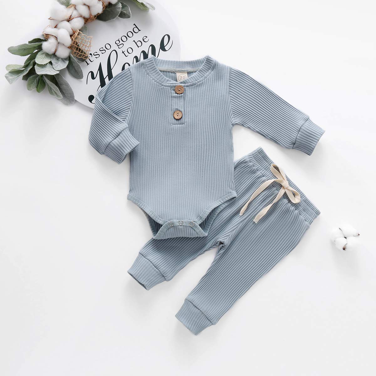 Baby Newborn Girls Boys Long Sleeve Clothes Striped Romper & Pants Set Infant Fall Winter Cotton Outfits (B-Blue, 12-18 Months)