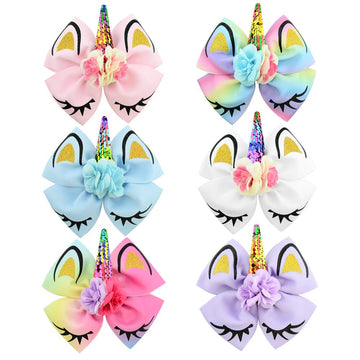 Girls Unicorn Hair Bows With Alligator Hair Clips Cheer Bows Hair Accessories For Kids Toddlers 6 Packs