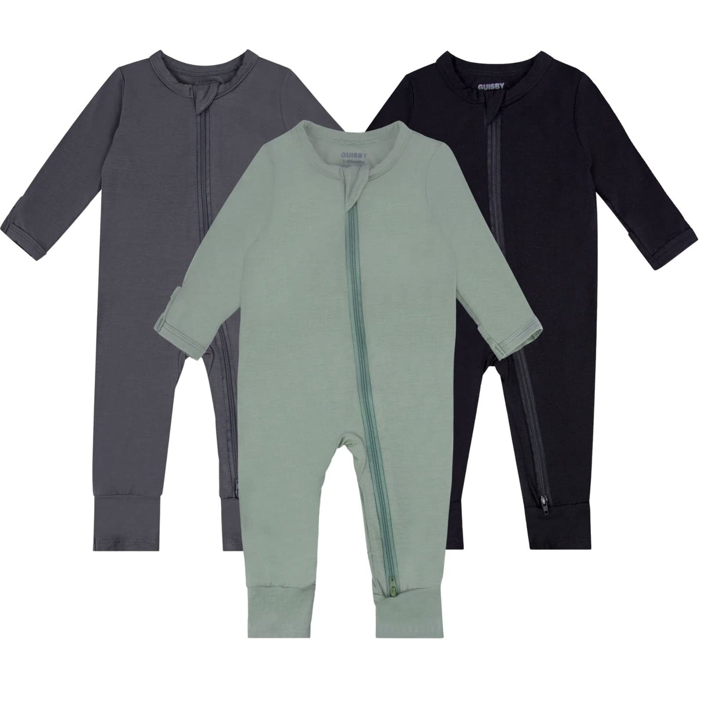 Guisby Rayon Baby Pajamas Footless, Long Sleeve With Zipper 3Pack Romper 0-3 Months