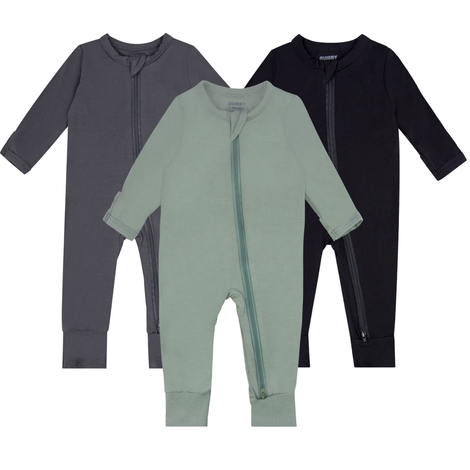 Guisby Rayon Baby Pajamas Footless, Long Sleeve With Zipper 3Pack Romper 0-3 Months