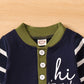 Grnshts Newborn Baby Boy Romper Coming Home Outfits Letter Print Bodysuit Jumpsuit+Hat+Gloves 3Pcs Clothes Set (Dark Blue+Stripe