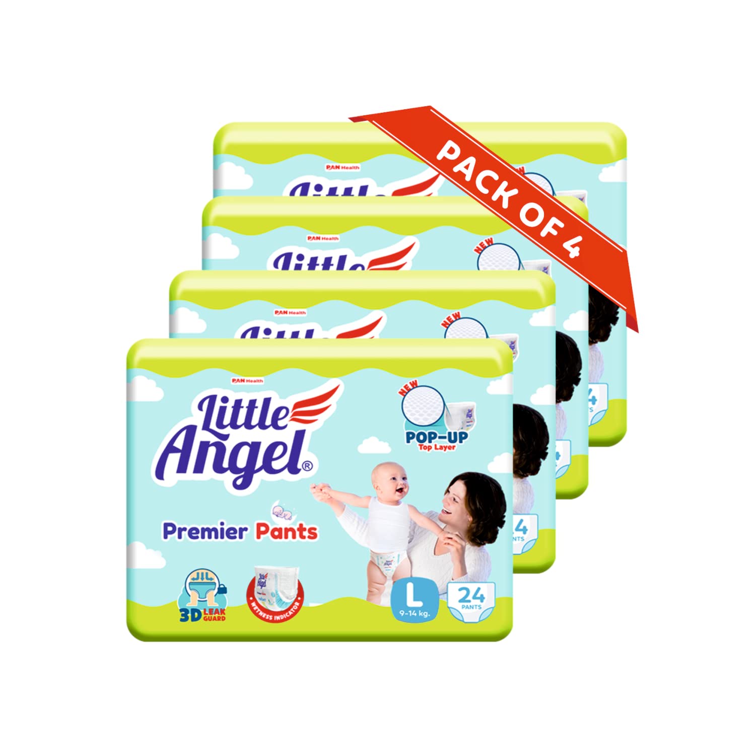 Little Angel Premier Pants Baby Diapers, Large (L) Size, 96 Count, Cottony Soft Material, Breathable, Extra Dry Core, Stretchabl