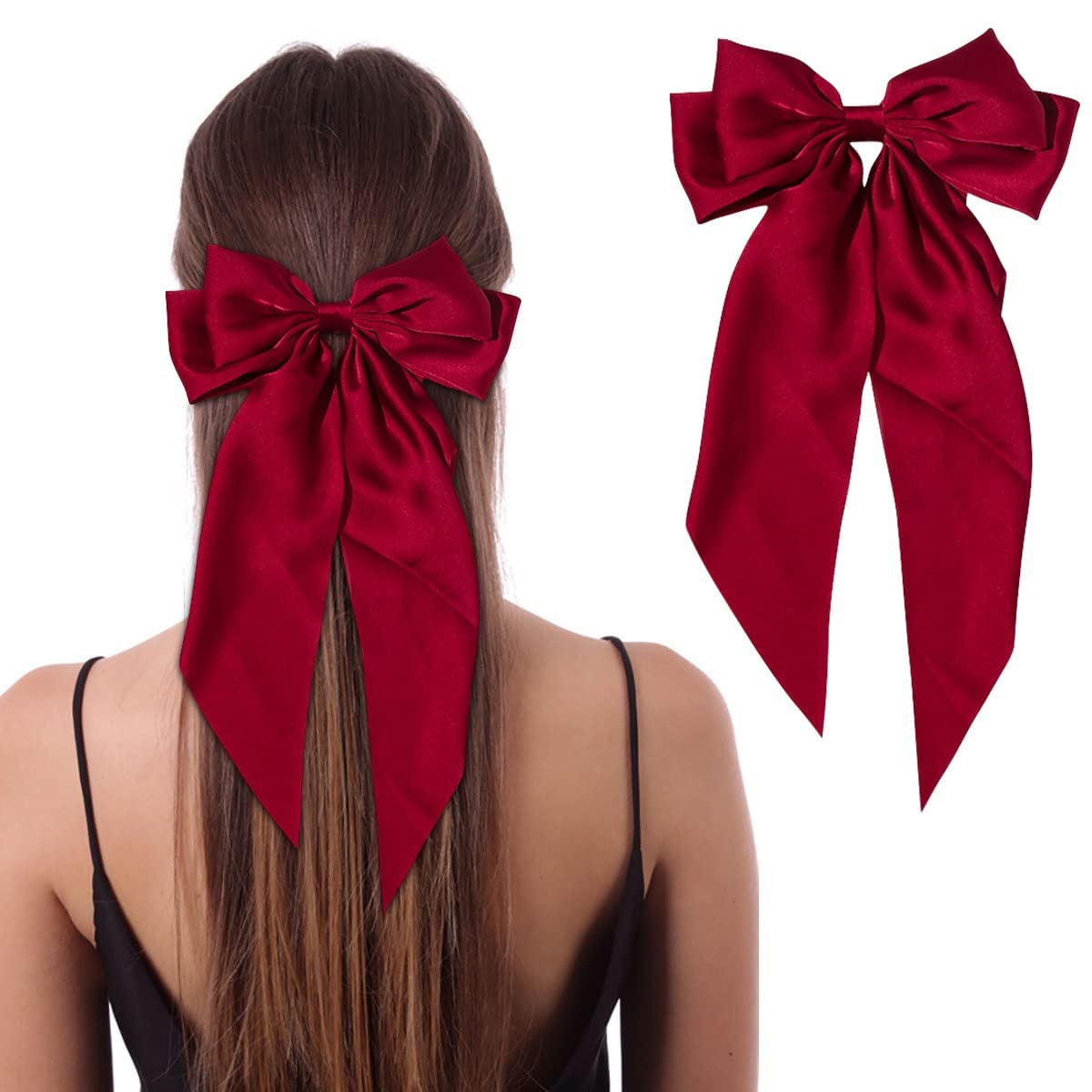 Red Silky Bow Hair Barrettes Jumbo Bow Clip With Tails Hair Clip For Woman Girls Satin Large Hair Slides French Barrette Long Ta