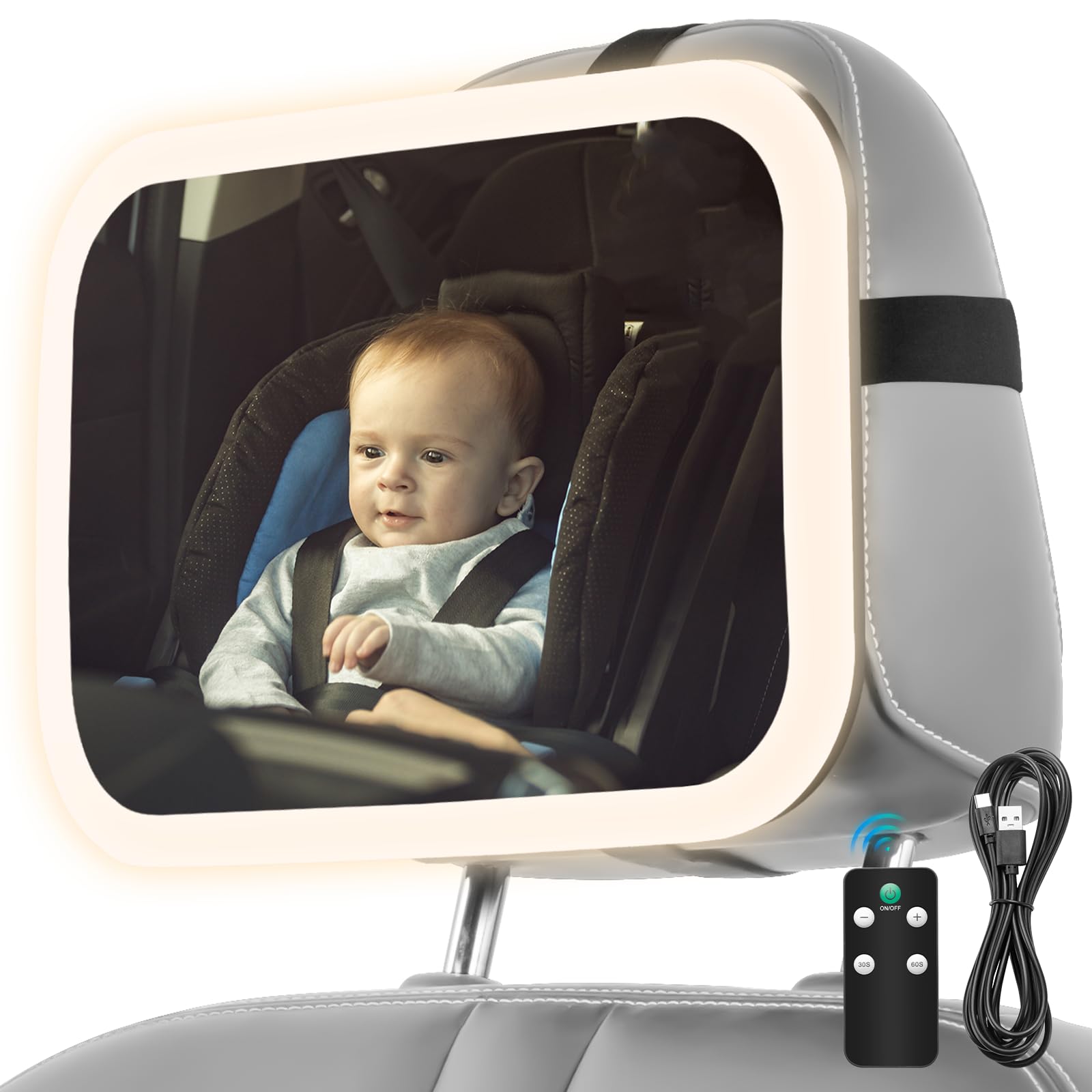 Baby Car Mirror With Light, 3000Mah Rechargeable, Shatterproof, Adjustable Rear-Facing Infant Mirror For Car Seats, Wide View, 3