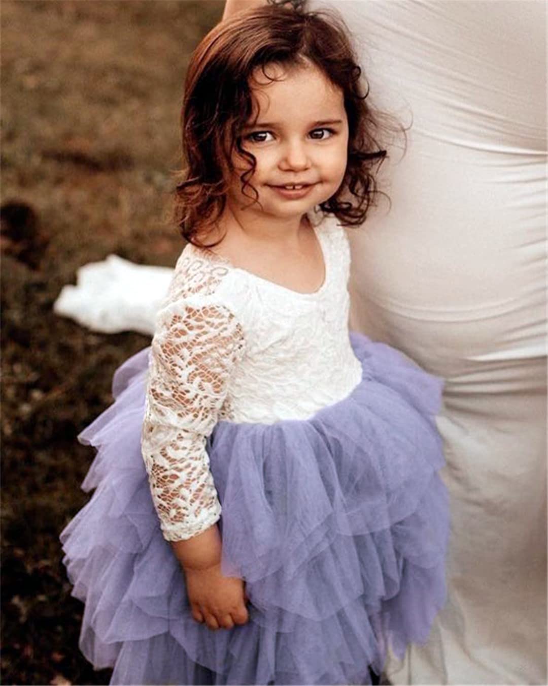 2Bunnies Girl Peony Lace Back A-Line Tiered Tutu Tulle Flower Girl Dress (Gray Sleeve Short, 3T)