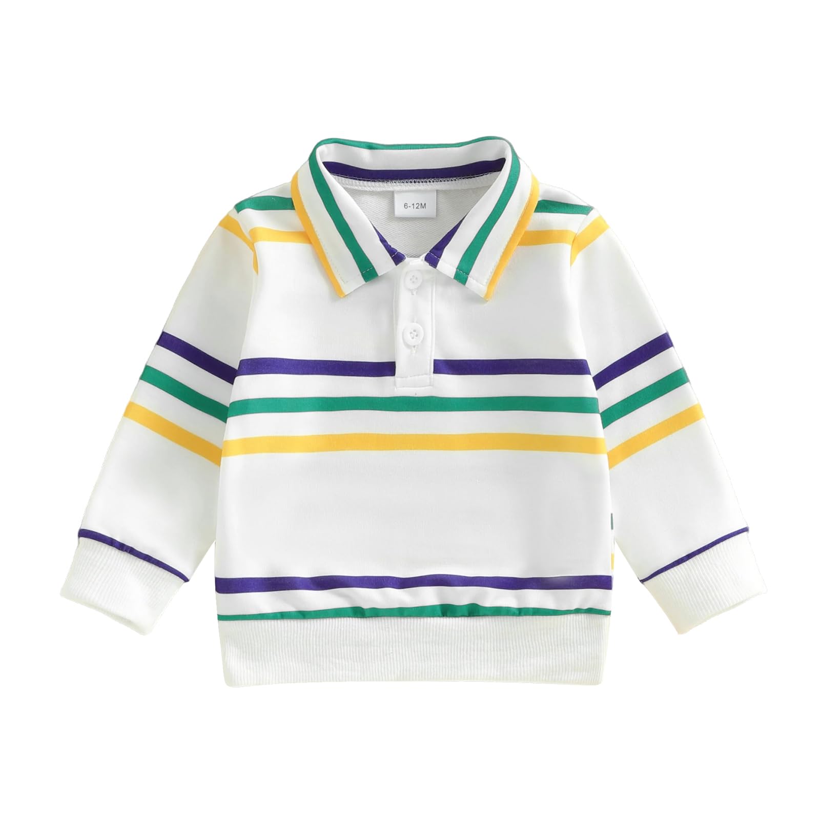 Toddler Baby Boy Mardi Gras Outfit Yellow Purple Green Striped Polo Tops Button Long Sleeve Collar Shirt Clothes (White, 2-3 Yea