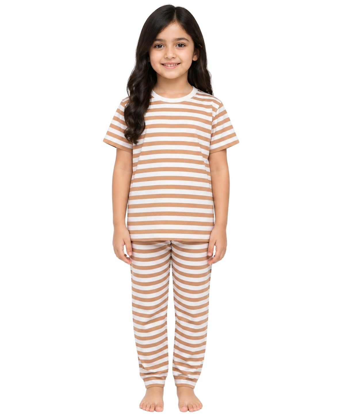 OG Kids Beige White Stripe Girls Short Sleeve Pyjama Set  Beige/White 56 Years
