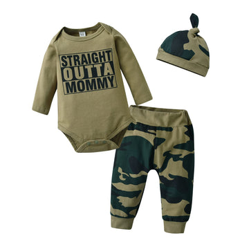 Kukitty Newborn Infant Baby Boy Clothes Long Sleeve Straight Outta Mommy Romper + Camouflage Pants + Hat 3Pcs Outfits Set (0-3 M