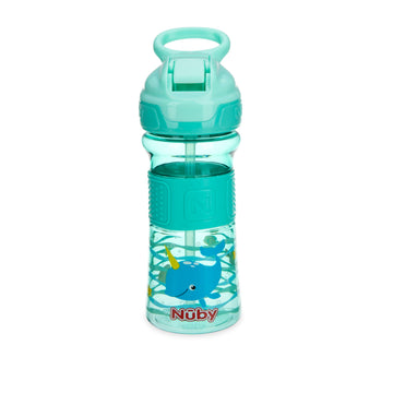 Nuby Thirsty Kids Push Button Flip-it Soft Spout on The Go Water Bottle with Easy Grip Band, 12oz, Narwahl