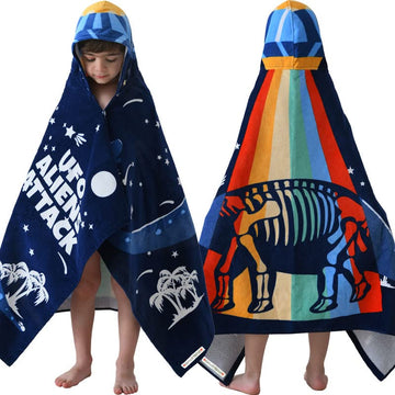 Voova & Movas Dinosaur Beach Towel With Hood For Kids Age 3-10 | Soft Thick Absorbent Cotton Wrap Blanket | Beach, Pool, Swim Us