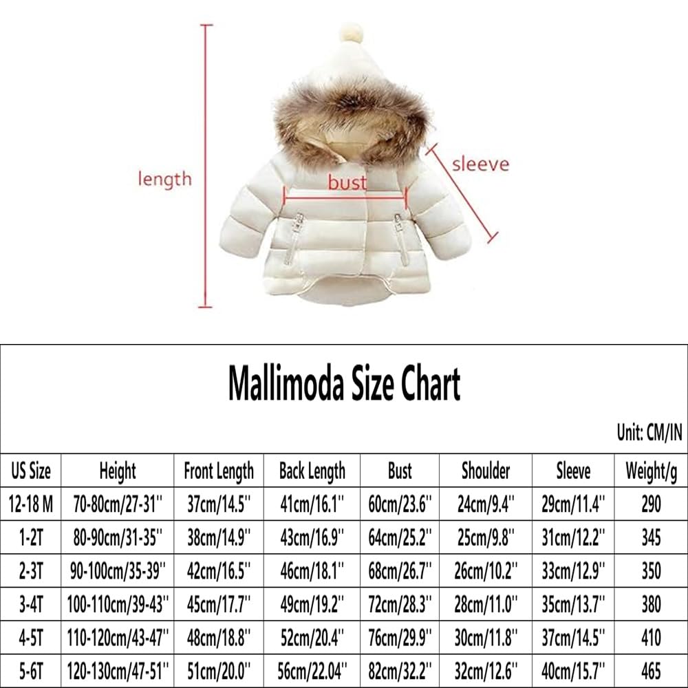 Mallimoda Baby Boys Girls Down Jacket Toddler Winter Warm Puffer Down Coat Cotton Hooded Fur Snowsuit Black 1-2 Years