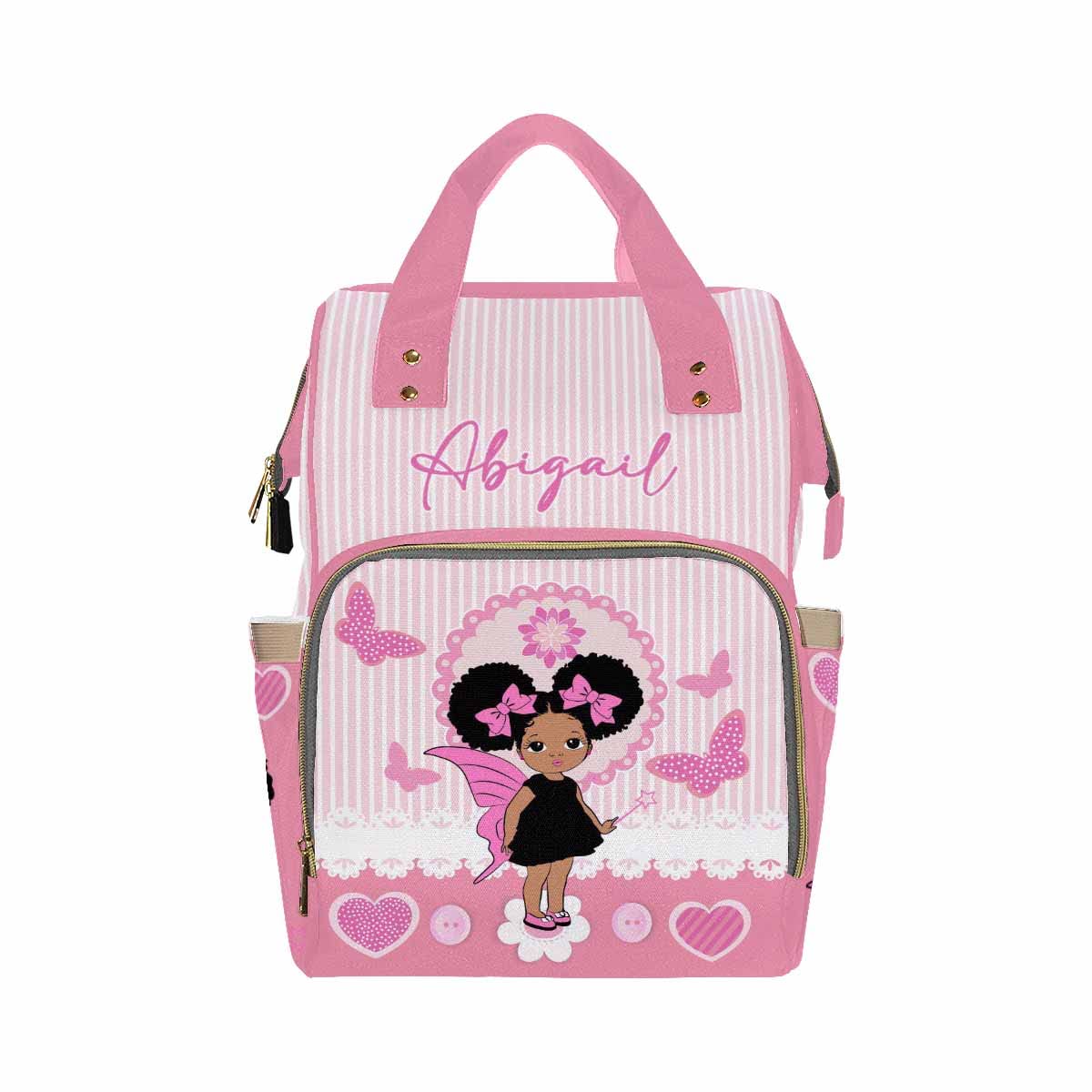 Artsadd Custom Name Diaper Bags Multifunction Backpack, Pink Stripe Love Travel Back Pack Customized Large Capacity Mommy Nappy