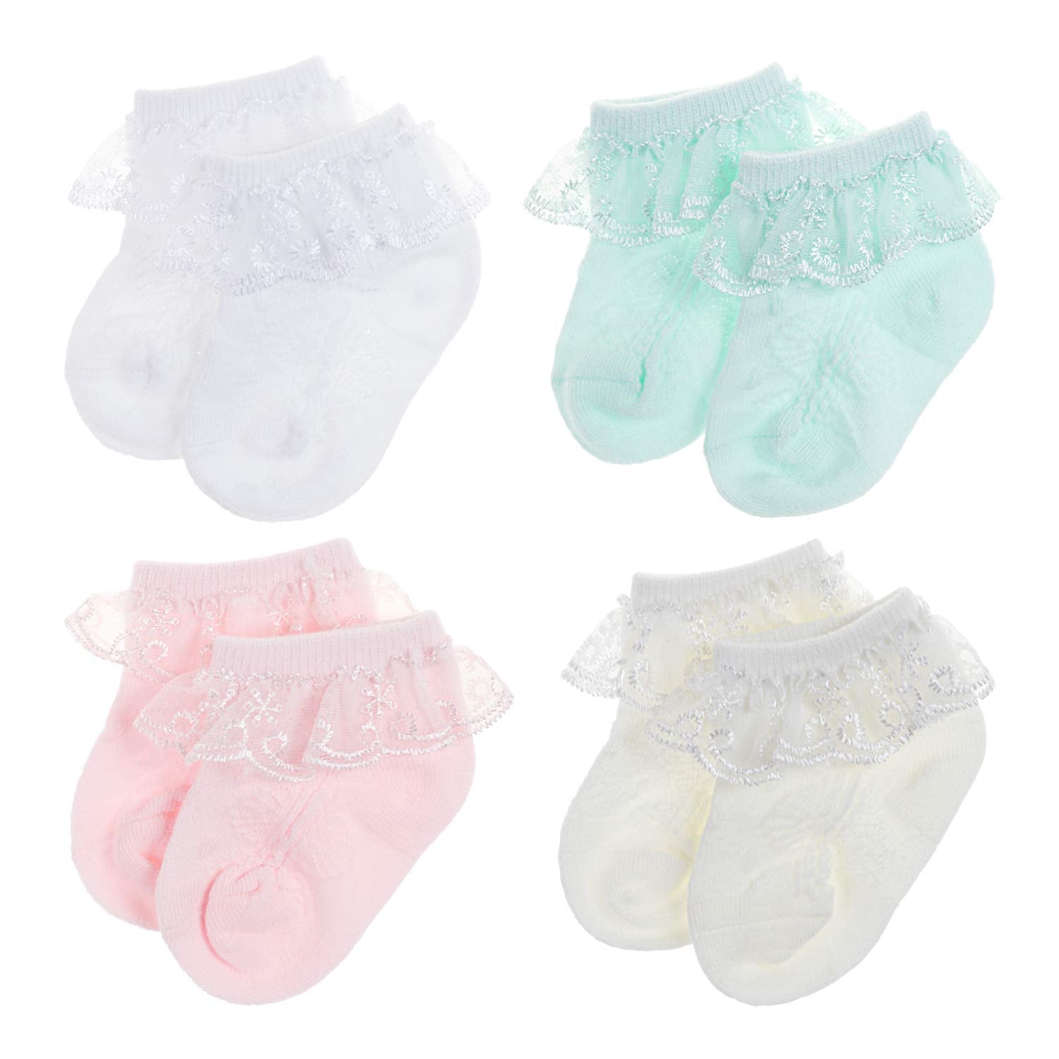 Dreshow Bqubo Baby Girls Socks Eyelet Ruffle Lace Socks Cute Frilly Socks Newborn/Infant/Toddlers/Kids Summer Thin Socks Dress S