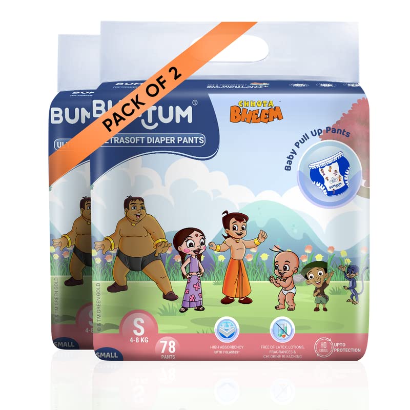 Bumtum Chota Bheem Baby Diapers | Pant Style Baby Diapers Small Size, 156 Count | Double Layer Leakage Protection Infused With A
