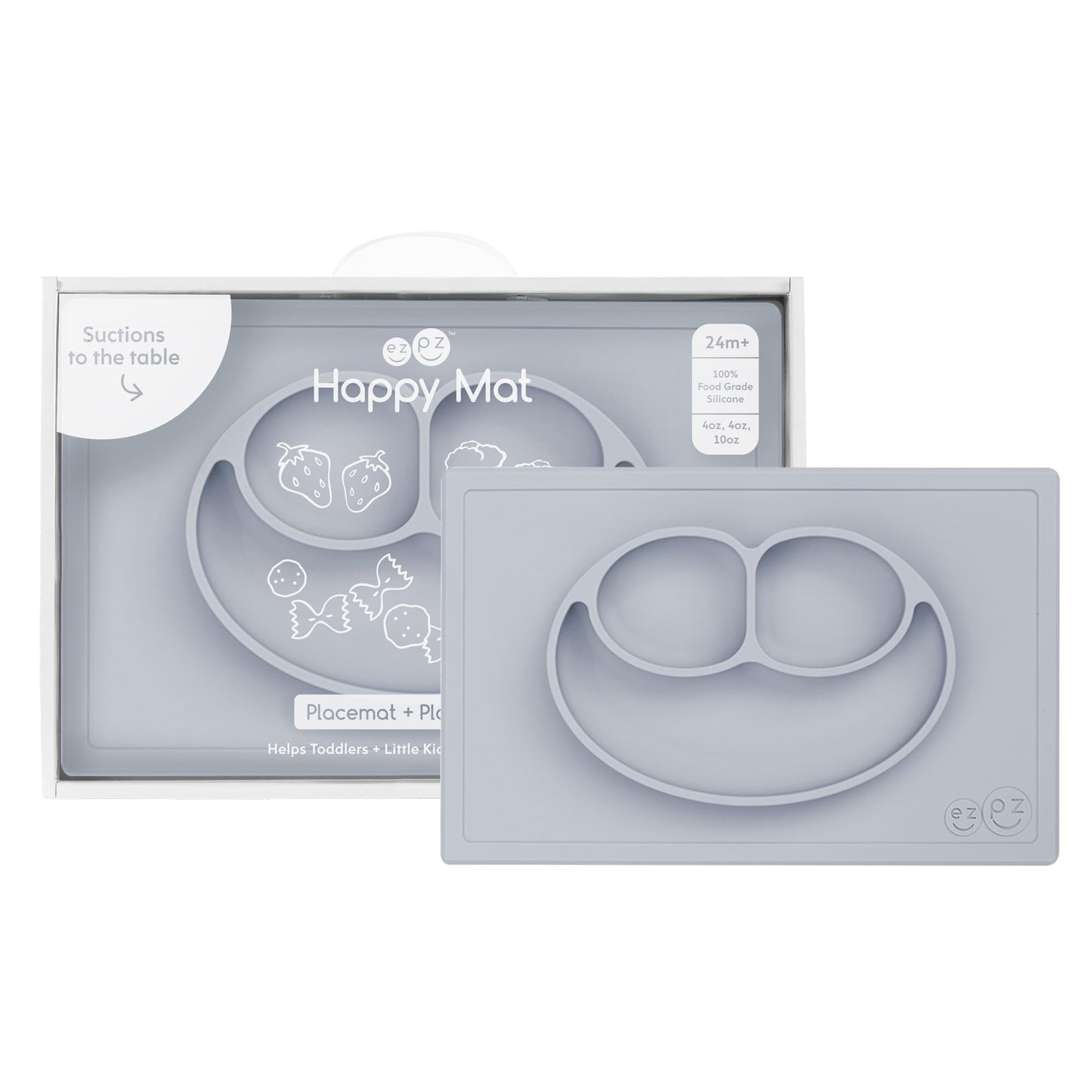 ezpz Happy Mat (Pewter) - 24 Months+ - 100% Silicone Suction Placemat + Divided Plate with Three Compartments - Toddler + Presch