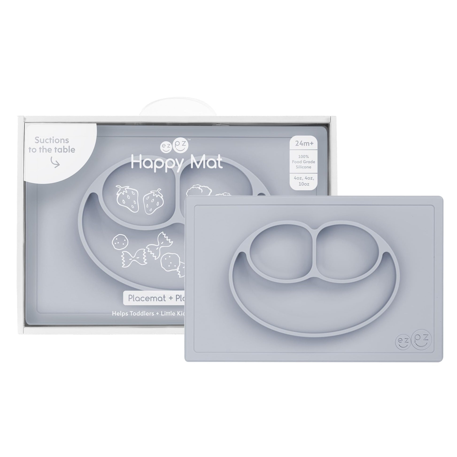ezpz Happy Mat (Pewter) - 24 Months+ - 100% Silicone Suction Placemat + Divided Plate with Three Compartments - Toddler + Presch