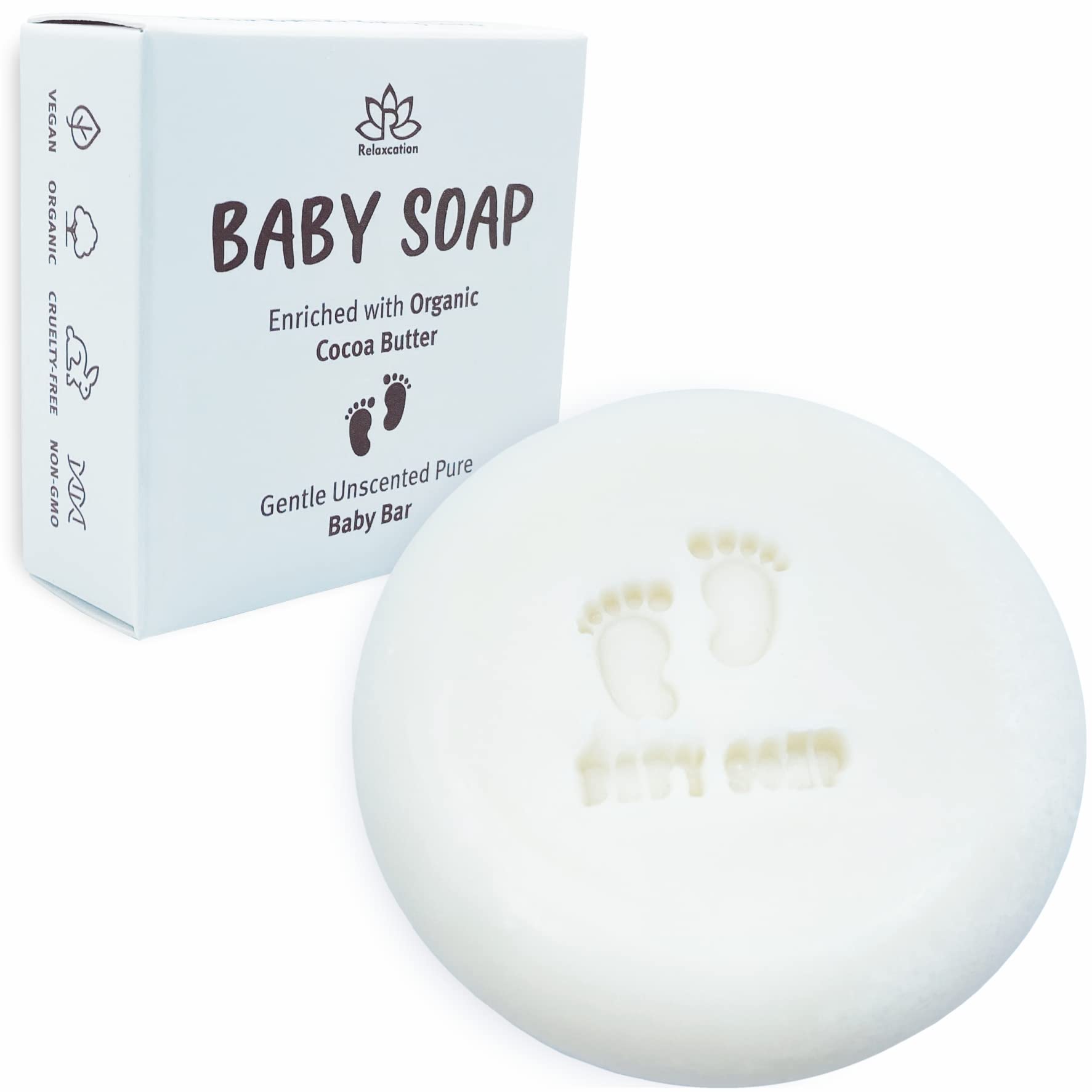 Relaxcation Unscented Pure Baby Soap Bar - 4 Simple Ingredients - ORGANIC Coconut Oil, Olive and Castor Oil, and Moisturizing Co