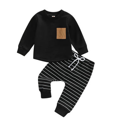Baby Boy Clothes 3 6 9 12 18 24M 3T Pants Set Hooded Patchwork Hoodie Striped Sweatpants Fall Winter Outfit(Z-Black, 18-24 Month