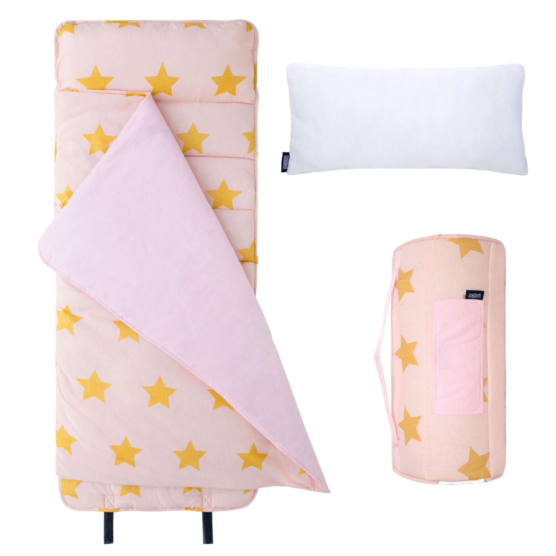 Wildkin Kids Original Nap Mat - Cozy Kids Sleep Mat With Pillow, Ideal For School & Travel - Pink And Gold Stars