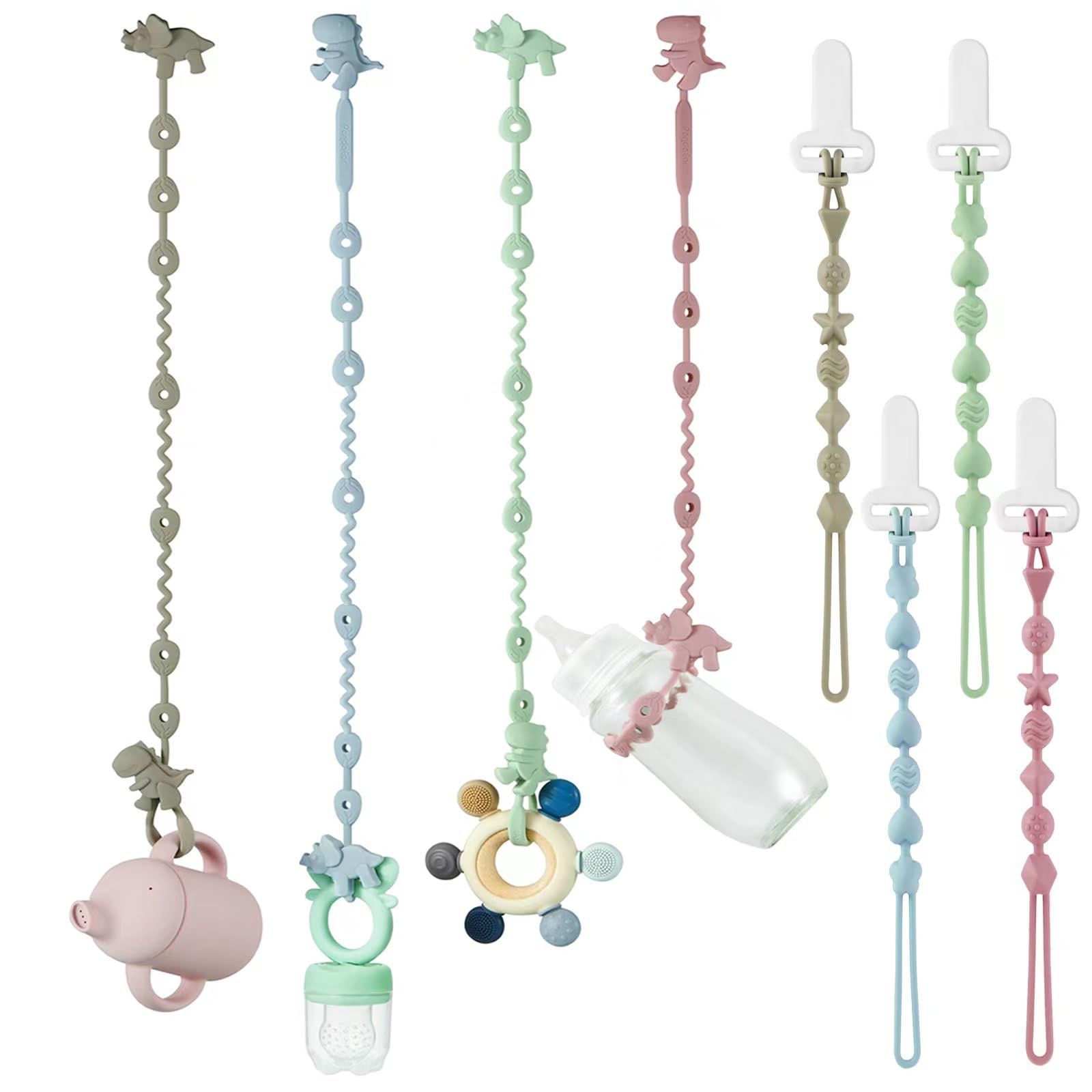 Pandaear 8 Pack Baby Toy Straps & Silicone Pacifier Clips, Dinosaur Silicone Pacifier Teether Harness Straps And Pacifier Holder