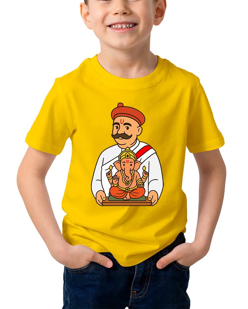 Caseria KidS Cotton Graphic Printed Half Sleeve TShirt  Lokmanya Tilak Ganesha (Yellow, 612 Months)