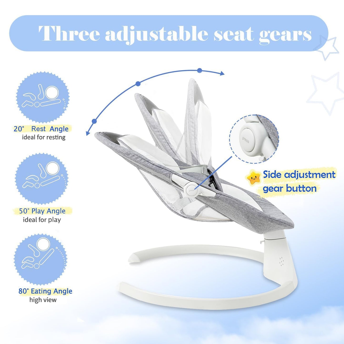 Baby Swing For Infants & Toddlers, Electric Bouncer With Remote Control, 3 Seat Positions, 5 Speeds, 5-Point Harness, Grey