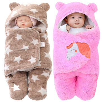 Swissberry Baby Blanket New Born Combo Pack of Hooded Swaddle Wrappers Security Blankets Pack of 2 Pc.(Beige & Pink, 06 Months)