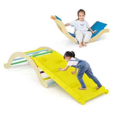 Honey Joy Wooden Ladder Arch For Climbing, 3 In 1 Kids Climber Ladder & Rocker Board W/Cushion Pad, Toddler Climbing Toy Set For