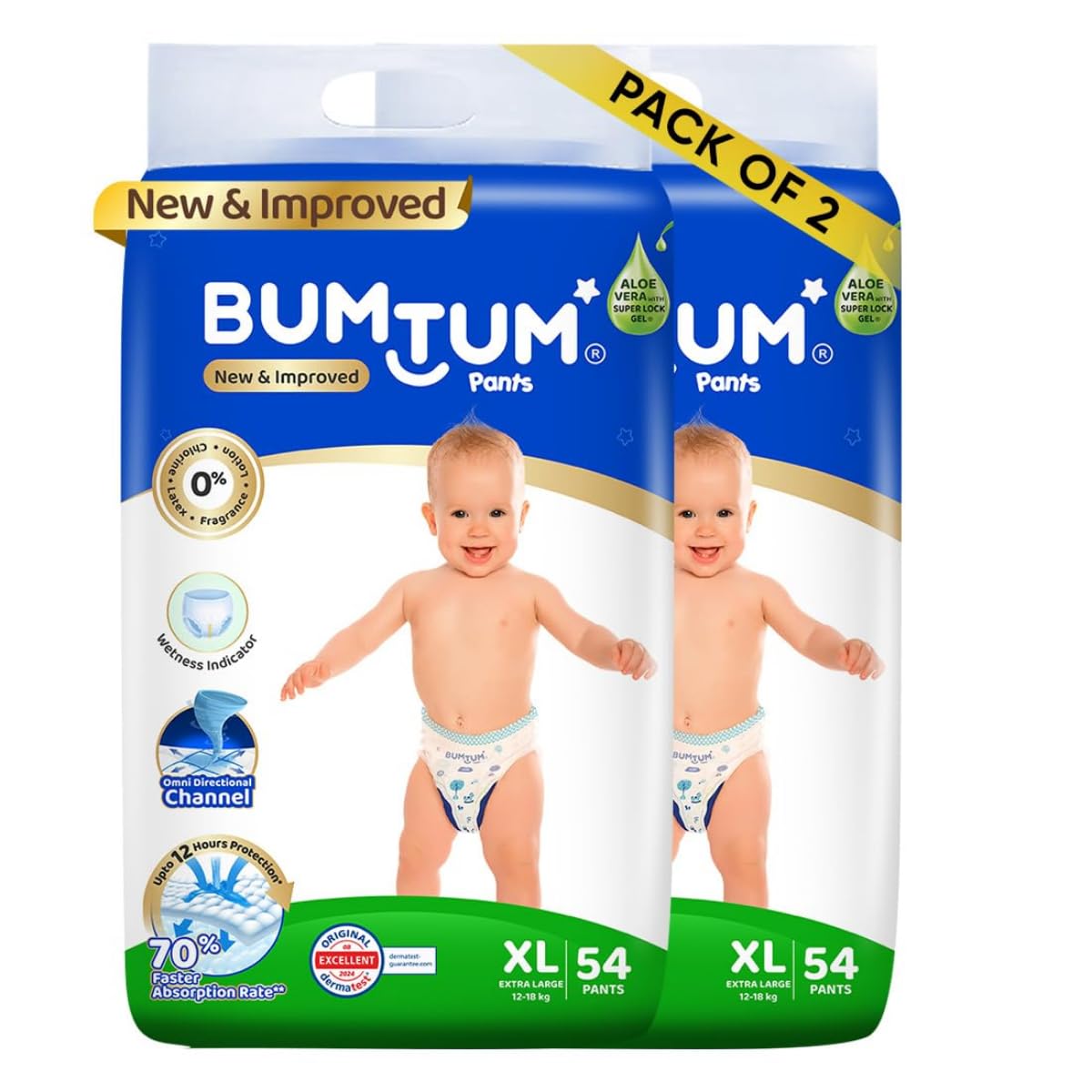 Bumtum Baby Diaper Pants, Xl Size, 108 Count, Double Layer Leakage Protection Infused With Aloe Vera, Cottony Soft High Absorb T