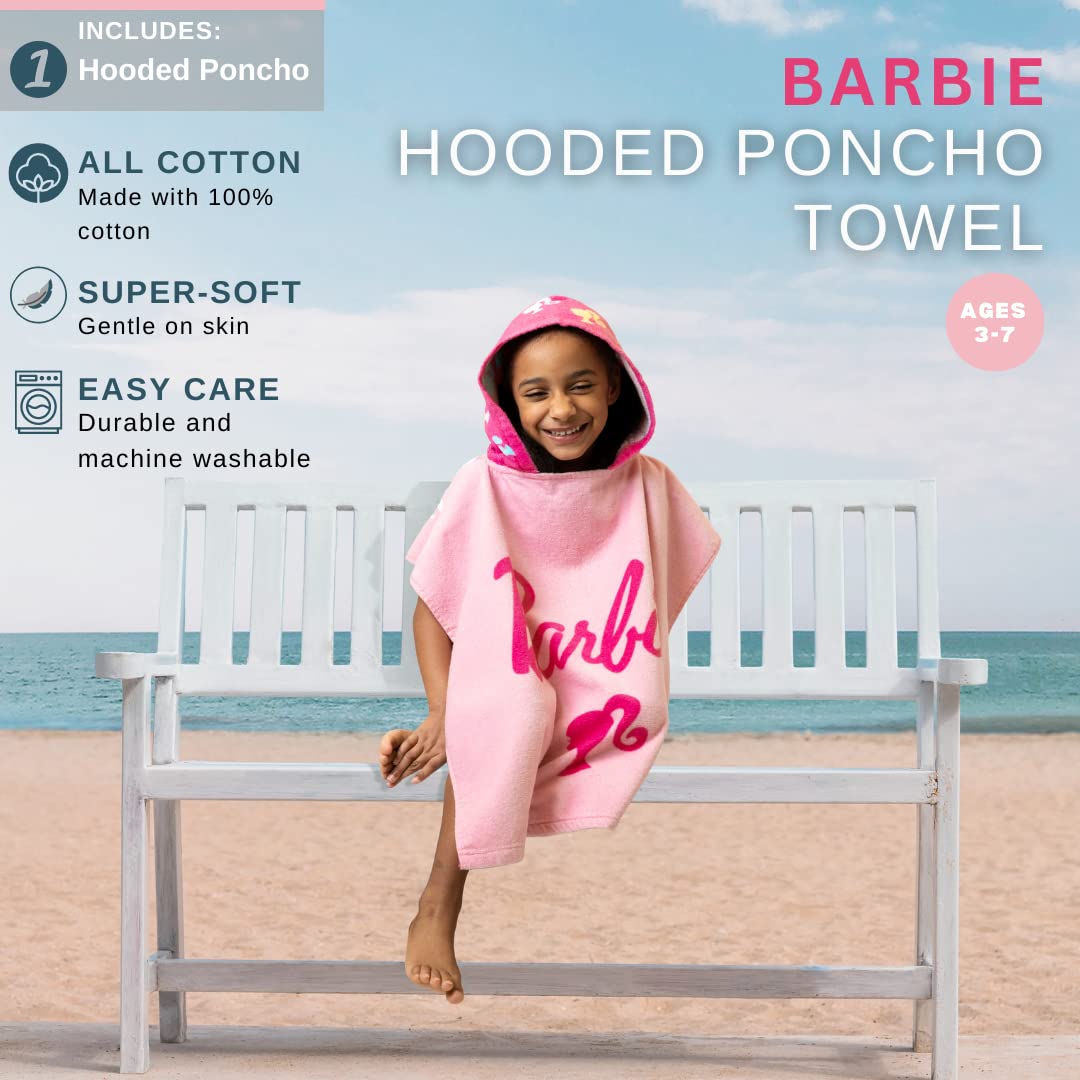 Franco Barbie Kids Beach/Pool/Bath/Camping Hooded Towel Poncho 24' X 22', Absorbent Cotton Cover Up, (100% Official Licensed B